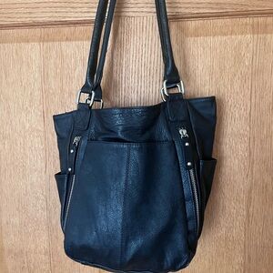 Women's Black Leather Tote with Front Zip Accents